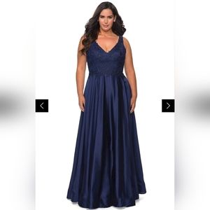 La Femme Lace Bodice High Slit Satin Gown, size 12